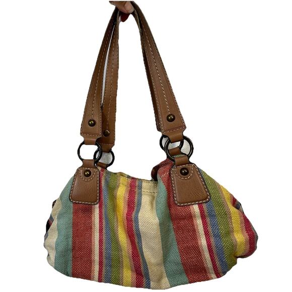 Fossil Beachy Striped Faux Leather Canvas Bag Zipper Dual Handle Pockets Boho - Picture 14 of 16